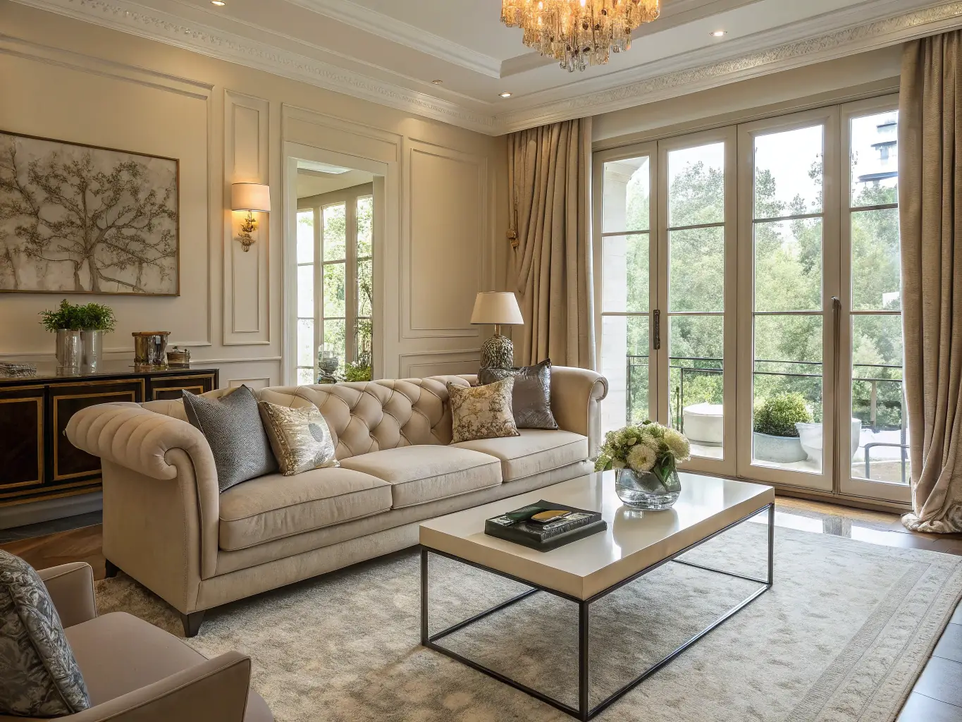 A beautifully staged living room in a luxury apartment, freshly cleaned with gleaming surfaces and perfectly arranged furniture, showcasing the elegance and attention to detail provided by K&E Timeless Touch.