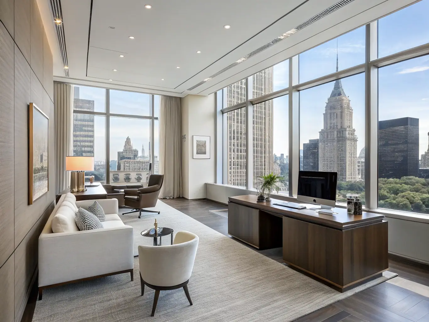 A modern, well-lit office space with sparkling clean desks and floors, reflecting the professional and inviting environment maintained by K&E Timeless Touch's commercial cleaning services.