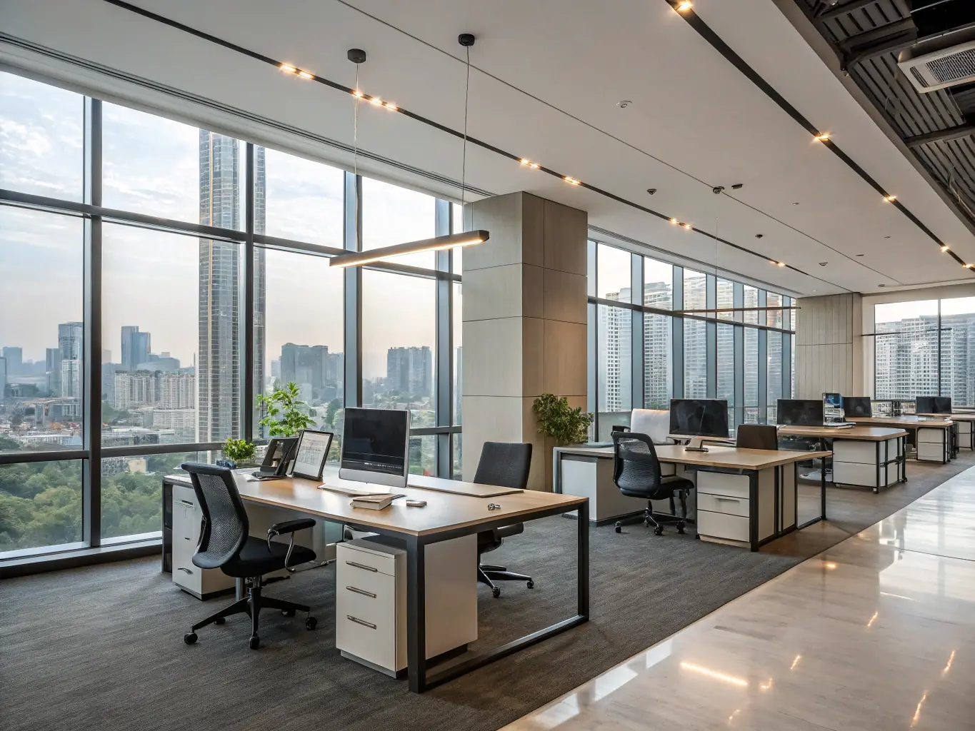 A sleek, modern office space with clean desks, polished floors, and elegant decor, representing a commercial cleaning service.