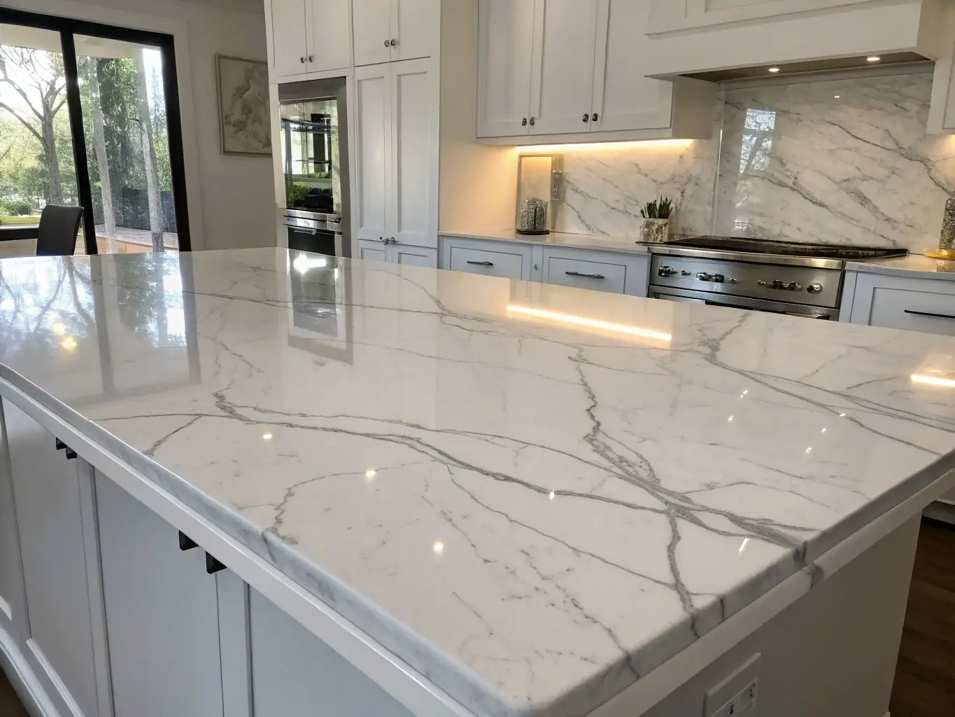 A close-up shot of a spotless marble countertop in a high-end kitchen, highlighting the meticulous attention to detail and premium cleaning products used by K&E Timeless Touch.