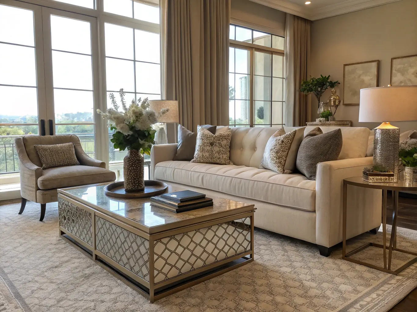 An elegant, well-maintained upscale living room with polished surfaces and soft lighting, showcasing the results of a luxury residential cleaning service.